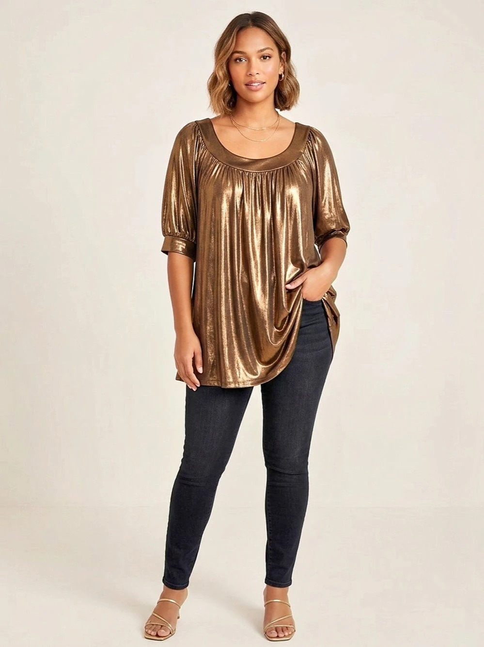 NY Collection Vintage Bronze Liquid Metallic Boho Shimmer Top XL NWT